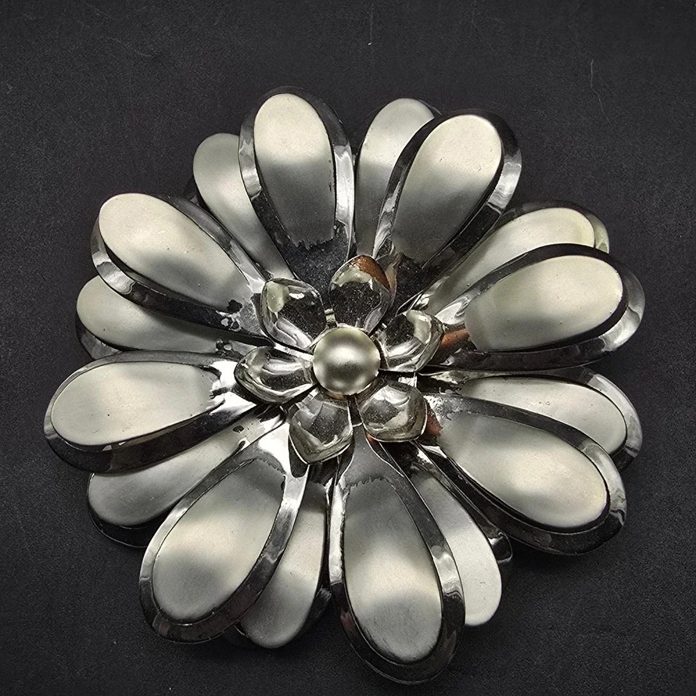 Large Silver Tone Flower Brooch Brushed Floral Costume Jewelry Vintage